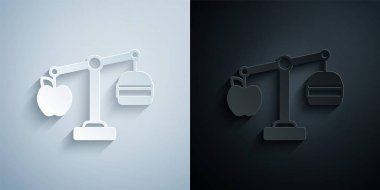 Kağıt kesiği Calorie hesap makinesi simgesi gri ve siyah arkaplanda izole edildi. Kalori sayısı. Diyet olsun. Kilo kaybı. Porsiyon kontrolü. Sağlıklı beslenme. Beslenme düzeni. Kağıt sanatı tarzı. Vektör