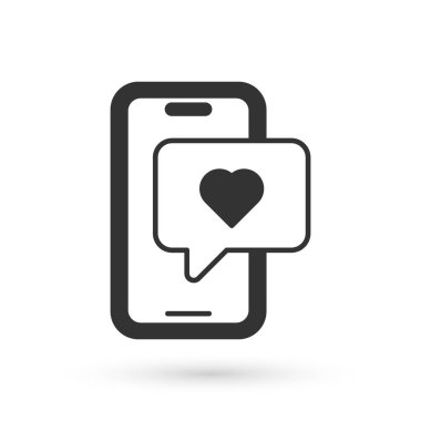 Kalp emojisi konuşma baloncuklu gri akıllı telefon beyaz arkaplanda izole edilmiş ekran simgesine mesaj gönder. Sevgililer Günü. Vektör