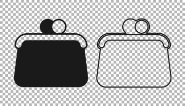 Şeffaf arkaplanda siyah el çantası simgesi izole edildi. Kadın el çantası işareti. Glamour günlük bagaj sembolü. Vektör