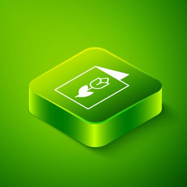 Yeşil zemin üzerinde 8 Mart simgesi bulunan Isometric tebrik kartı. Uluslararası Mutlu Kadınlar Günü. Yeşil kare düğmesi. Vektör