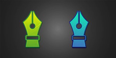 Siyah arkaplanda yeşil ve mavi dolmakalem ucu simgesi var. Kalem aleti işareti. Vektör