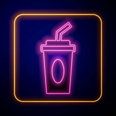 Siyah zemin üzerinde saman ve su ikonu bulunan parlak neon kağıt bardaklar. Soda bardağı. Taze soğuk içecek sembolü. Vektör