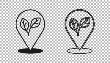 Şeffaf arkaplanda yaprak olan siyah lokasyon iğnesi. İşaret bırakıyor. Taze doğal ürün sembolü. Vektör