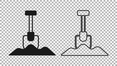 Şeffaf arkaplanda siyah kürek simgesi izole edildi. Bahçe aletleri. Bahçecilik, tarım, çiftçilik aleti. Vektör