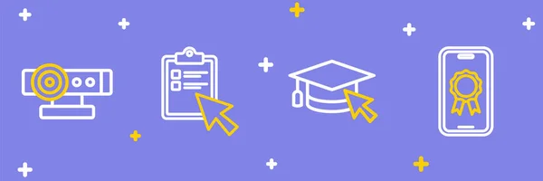 Setzen Sie Die Linie Online Bildung Mit Diplom Mütze Cursor — Stockvektor