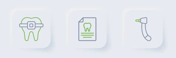 Set Line Portapapeles Taladro Dental Con Tarjeta Dental Ícono Ortodoncia — Vector de stock