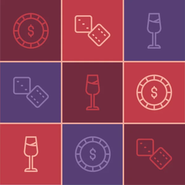 Set Line Casino Chip Mit Dollar Weinglas Und Würfel Symbol — Stockvektor