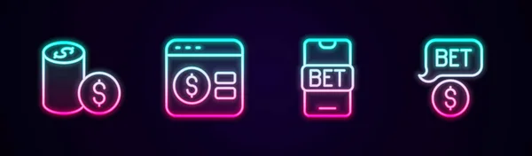 ドルのオンライン火かき棒のテーブルのゲームのスポーツ賭博が付いているライン カジノの破片を置いて下さい 光るネオンアイコン ベクター — ストックベクタ