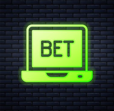 Parlayan neon çevrimiçi spor bahis ikonu tuğla duvar arka planında izole edilmiş. Spor bahisçisi. Online bahis para kazandırır. Vektör