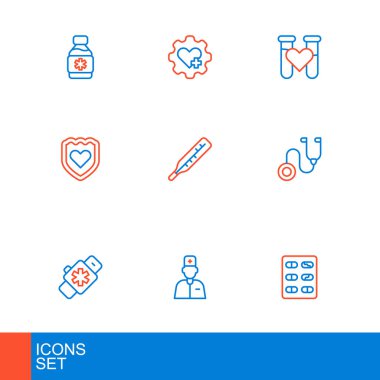 Çizgi haplarını su toplayan pakete koyun, erkek doktor, kalbi olan akıllı saat, stetoskop, bağışıklık sistemi, medikal termometre, tüp kan ve kalp çapraz ikonu. Vektör