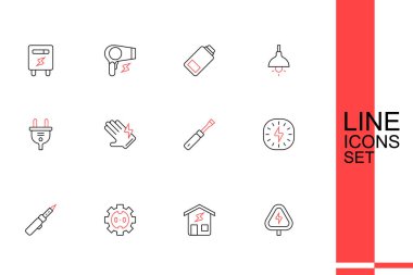 Hat yüksek voltaj, akıllı ev, elektrik prizi lehim, yıldırım, tornavida, eldiven ve fiş ikonu ayarlayın. Vektör