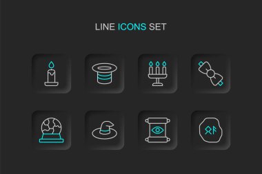 Büyü mührü, parşömen, cadı şapkası, top, papyon, şamdan ve yanan mum ikonu. Vektör