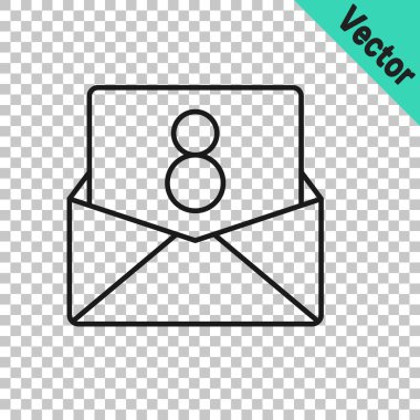 Şeffaf arkaplanda 8 Mart simgesi bulunan siyah çizgi Zarfı. Mesaj aşkım. Aşk ve romantizm mektubu. Uluslararası Mutlu Kadınlar Günü. Vektör