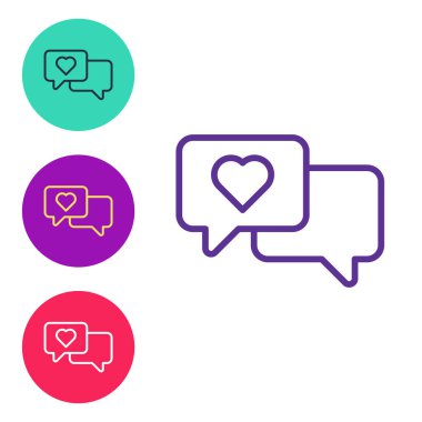 Beyaz arkaplanda izole edilmiş konuşma baloncuğu simgesinde Kalbi ayarla. Sevgililer günün kutlu olsun. Simgeleri renklendirin. Vektör