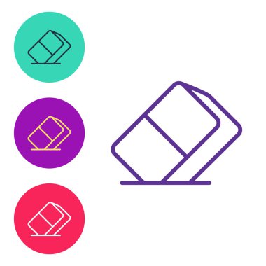 Beyaz arkaplanda izole edilmiş çizgi silgisini ya da kauçuk simgesini ayarla. Simgeleri renklendirin. Vektör