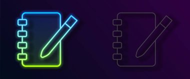 Parlayan neon çizgisi Not Defteri simgesi siyah arkaplanda izole edildi. Spiral not defteri simgesi. Okul defteri. Yazı tahtası. Okul günlüğü. Vektör
