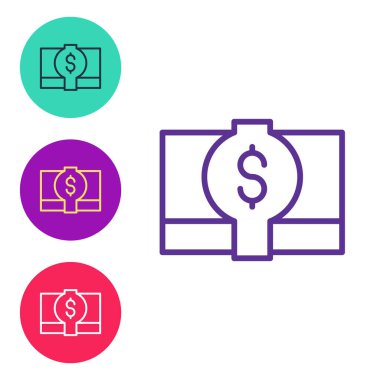 Çizgiyi ayarla kağıt para para ikonu beyaz arka planda izole. Para desteleri. Para birimi. Simgeleri renklendirin. Vektör