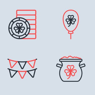 Yonca folyo yaprağı, karnaval çelengi bayrakları, altın sikkeler ve altın leprikon ikonu olan çizgi Balon. Vektör