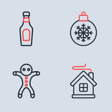 Sabit bir Noel balosu, bayram zencefilli kurabiye, Merry House ve şampanya şişesi ikonu. Vektör