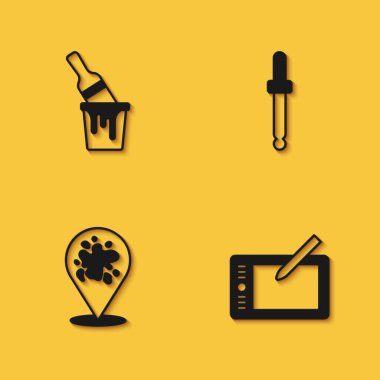 Boya kovasını fırça, grafiksel tablet, sprey ve uzun gölgeli göz damlası renk seçici palet simgesiyle ayarla. Vektör