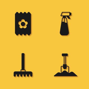 Tohumlarla dolu bir paket hazırla, Kürek, bahçe tırmığı ve uzun gölgeli su ikonu için püskürtücü. Vektör