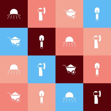 Pop sanatı Sunrise, tahta balta, el arabası ve bahçe küreği ya da kürek ikonu. Vektör