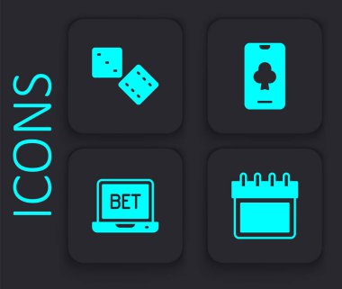 Takvim, Oyun zarları, Online poker masası oyunu ve spor bahis ikonu. Siyah kare düğme. Vektör