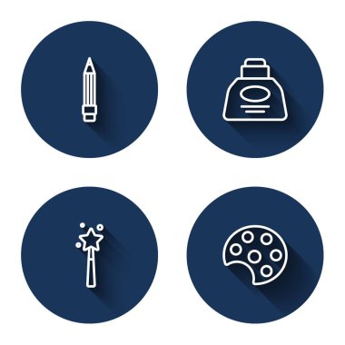 Silgi, mürekkep hokkası, sihirli değnek ve uzun gölgeli palet. Mavi daire düğmesi. Vektör