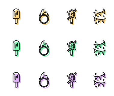 Hattı ayarla Sihirli el aynası, Dondurma, Sirk ateş çemberi ve bayrak ikonlu karnaval çelengi. Vektör