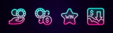 Hat El kumarhane fişleri, kumarhane borsası, kazanç ve finansal büyüme düşüşü. Parlayan neon ikonu. Vektör