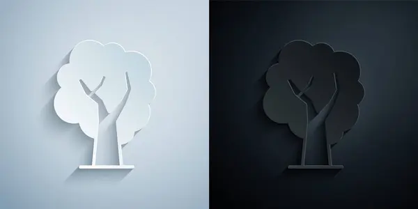 在灰色和黑色背景上隔离的剪纸树图标 森林象征 造纸艺术风格 — 图库矢量图片