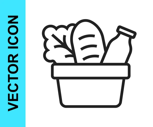 Schwarze Papiereinkaufstasche Und Lebensmittelsymbol Isoliert Auf Weißem Hintergrund Lebensmittelgeschäft Supermarkt — Stockvektor
