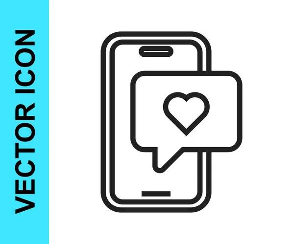 Linha Preta Smartphone Com Coração Emoji Fala Bolha Receber Mensagem — Vetor de Stock
