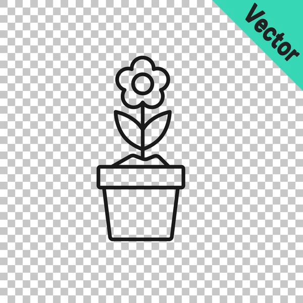 Black Line Flower Pot Icon Isolated Transparent Background Plant Growing — Stock Vector
