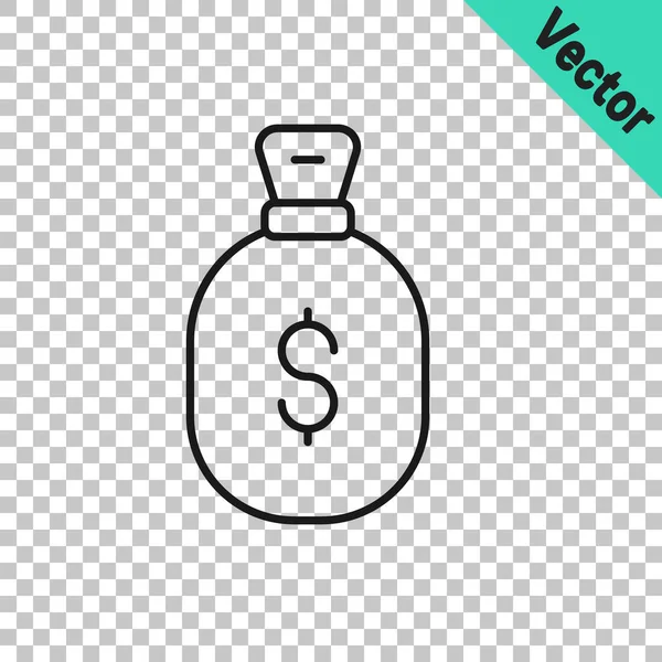 Black Line Money Bag Icon Isolated Transparent Background Dollar Usd — Stock Vector