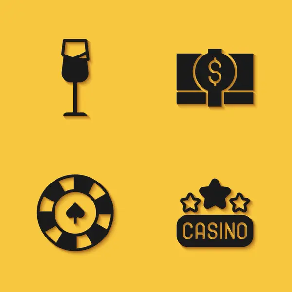 设置葡萄酒杯 赌场标牌 薯片和纸袋纸货币图标与长影 — 图库矢量图片