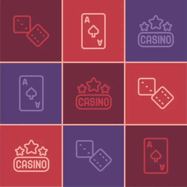 设置线形游戏骰子 卡西诺牌和带有黑桃符号图标的扑克牌 — 图库矢量图片