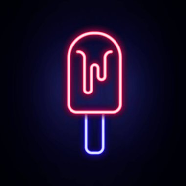 Parlayan neon hattı dondurma ikonu tuğla duvar arkasında izole edilmiş. Güzel sembol. Renkli taslak konsepti. Vektör