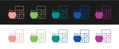 Siyah ve beyaz arkaplanda izole edilmiş Calorie hesap makinesi simgesini ayarla. Kalori sayısı. Diyet olsun. Kilo kaybı. Porsiyon kontrolü. Sağlıklı beslenme. Beslenme düzeni. Vektör