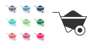 Beyaz arkaplanda siyah el arabası simgesi izole edildi. Alet edevat. Tarım arabası tekerlek çiftliği. Simgeleri renklendirin. Vektör