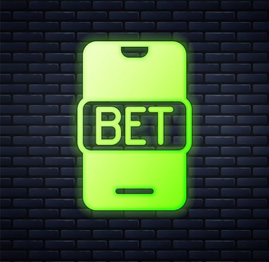 Parlayan neon çevrimiçi spor bahis ikonu tuğla duvar arka planında izole edilmiş. Spor bahisçisi. Online bahis para kazandırır. Vektör