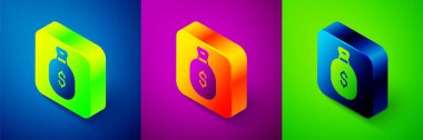 Isometric Money bag icon isolated on blue, purple and green background. Dollar or USD symbol. Cash Banking currency sign. Square button. Vector