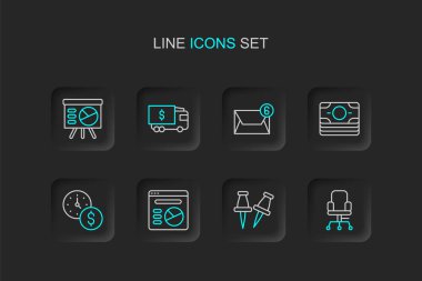 Satır ofisi koltuğu, Push pin, Pie grafiği bilgi, zaman para, yığın kağıt para, posta ve e-posta, zırhlı kamyon ve ikonlu tahta. Vektör