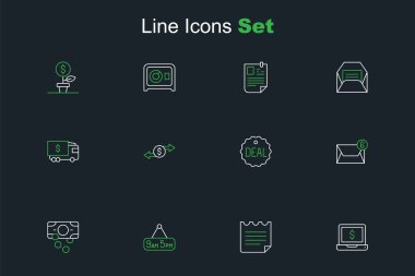 Dizüstü bilgisayarı dolar, defter, 95 işten, kağıt para, posta ve e-posta, anlaşma, para değişimi ve zırhlı kamyon ikonu ile ayarlayın. Vektör