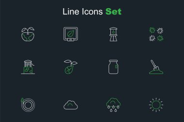 Güneş ışığı, yağmurlu bulut, bulutlu hava, bahçe hortumu, kürek zemini, cam kavanoz kapağı, filiz ve kuyu ikonu. Vektör