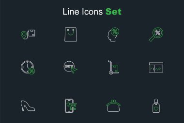 Kalp etiketi, cüzdan, alışveriş arabası, kadın ayakkabısı, market, el arabası ve kutular, satın alma düğmesi ve saat indirim simgesi. Vektör
