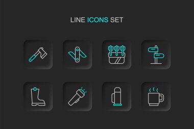 Çizgili kahve fincanı, termos kabı, el feneri, su geçirmez lastik bot, trafik levhası, oklu Quiver, İsviçre çakısı ve tahta balta ikonu. Vektör