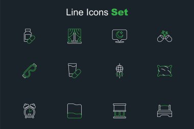 Büyük yatak, perdeli pencere, yastık, alarm saati, düş kapanı tüyleri, uyku hapı ve uyku maskesi ikonu. Vektör