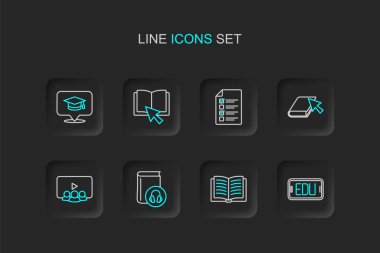 Çevrimiçi eğitim, Açık Kitap, Ses, sınıf, quiz, test, anket ve mezuniyet başlığı konuşma balonu ikonu ayarla. Vektör