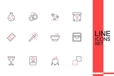 Set oyun zarları, cadı kazanı, Kadim büyü kitabı, ortaçağ kadehi, antik hazine sandığı, sihirli değnek ve sirk bileti ikonu. Vektör